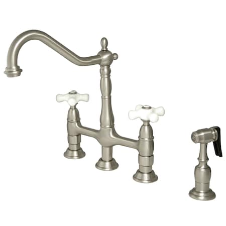 Kingston Brass KS1278PXBS Heritage Bridge Kitchen Faucet W/Brass Sprayer, Brushed Nkl KS1278PXBS